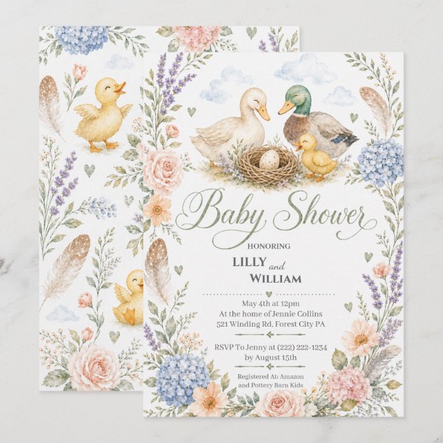 Inbjudan till baby sprinkle för en anka med en sys (Fram/baksida)