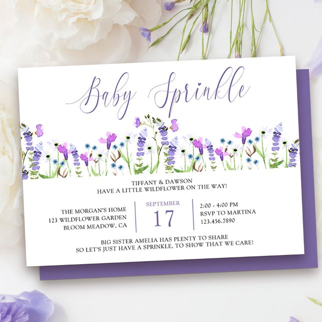 Inbjudan till Baby Sprinkle Pretty Purple Wildflow (Baby Sprinkle Baby Shower Invitation from my Purple Wildflower Collection.
)