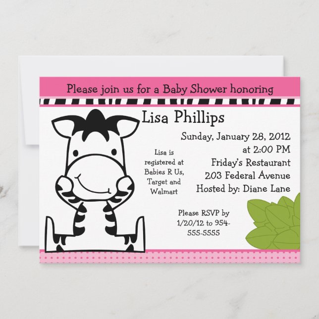 Inbjudan till baby Zebra Girl Baby Shower (Framsida)