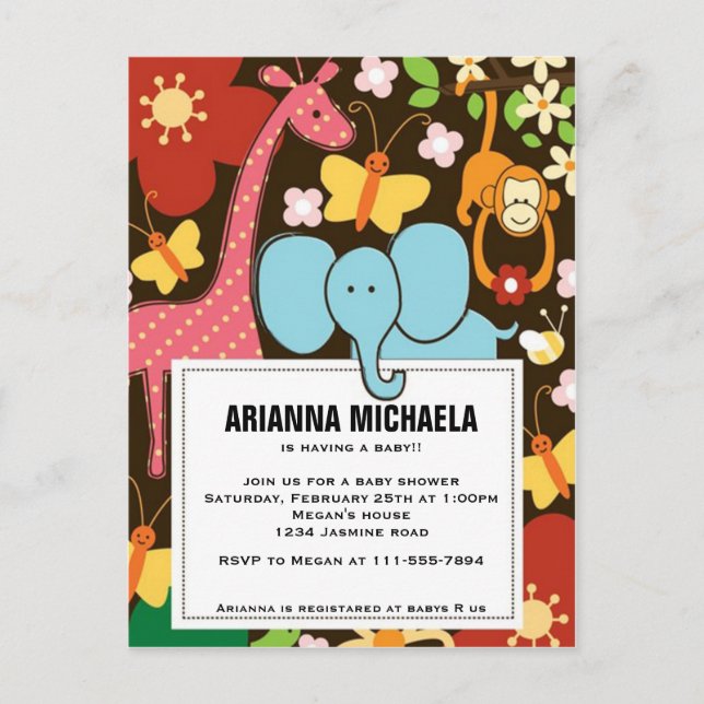 Inbjudan till baby Zoo Animals Baby Shower Vykort (Framsida)