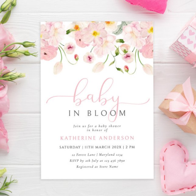 Inbjudan till babyåda för baby i Bloom Rosa Blommi (Skapare uppladdad)