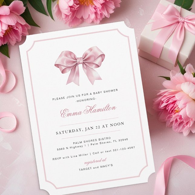 Inbjudan till babyåda för elegantens coquette Bow  (Elegant Baby Shower Invitation)