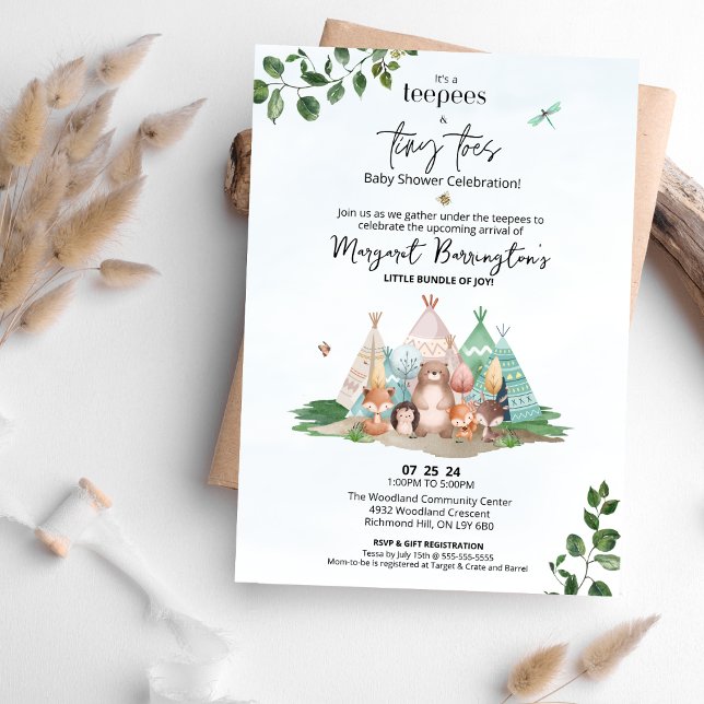 Inbjudan till babyåda för teepéer och små leksaker (Teepees & Tiny Toes Baby Shower Woodland Animal Invitation)
