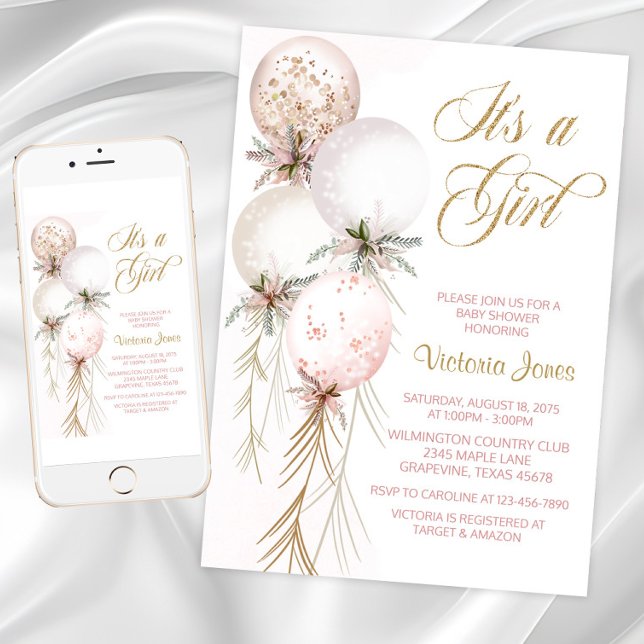  inbjudan till babybabyåda i Rosa Ballon Shower (Blush pink gold balloon baby shower invitation.)
