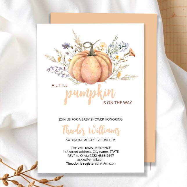 Inbjudan till babybabybabyskor för liten Pumpkin | (Little Pumpkin Baby Shower Invitation – Fall Autumn Gender Neutral Invite)