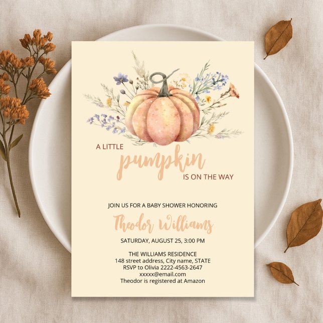 Inbjudan till babybabybabyskor för liten Pumpkin | (Little Pumpkin Baby Shower Invitation – Fall Autumn Gender Neutral Invite)