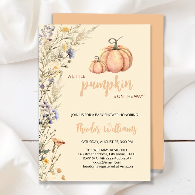 Inbjudan till babybabybabyskor för liten Pumpkin | (Little Pumpkin Baby Shower Invitation – Fall Autumn Gender Neutral Invite)