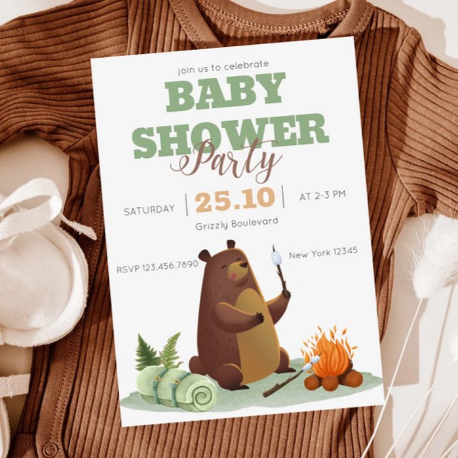 Inbjudan till babybabyskor för Camping Bear Bonfir (Skapare uppladdad)