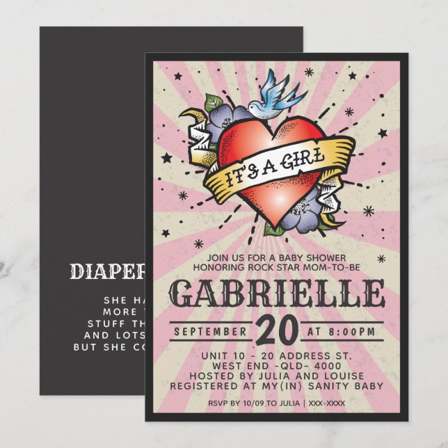 Inbjudan till babybabyskor för rosa Rock and roll (Fram/baksida)