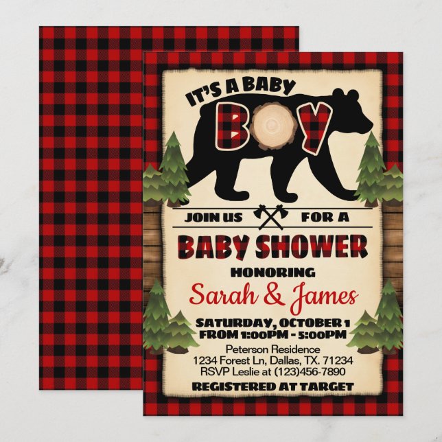 Inbjudan till babybabyskor i lumberjack Inbjudan (Fram/baksida)