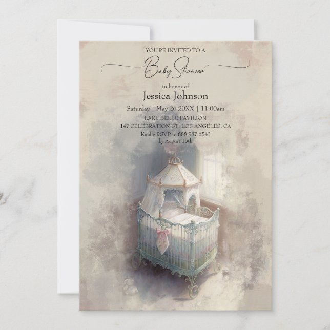 Inbjudan till babyblått baby i Shabby chic-cribbla (Framsida)