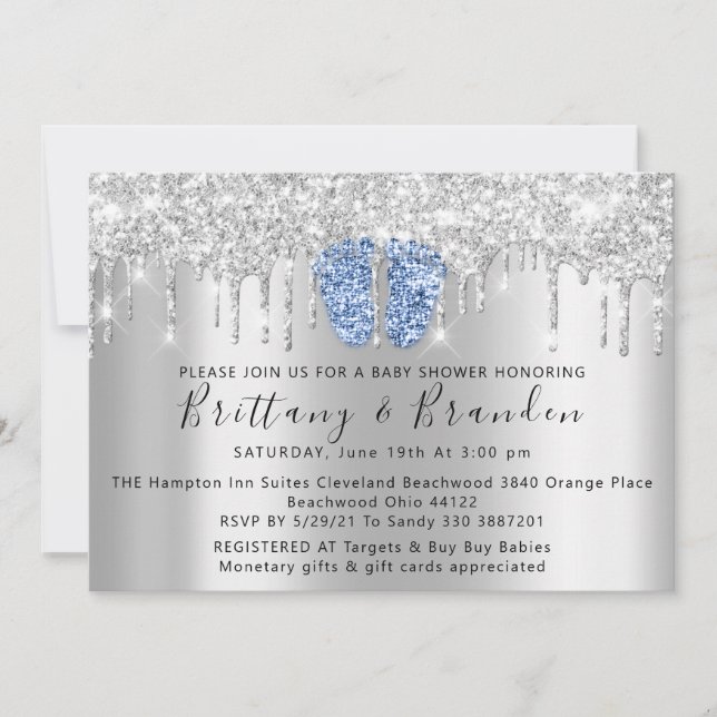 Inbjudan till babydiskar i Glitter Blue Feet Silve (Framsida)