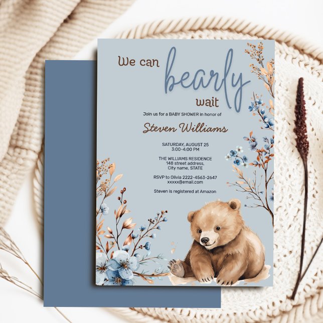Inbjudan till babydusch för den röda björnskorgen (Adorable boho baby shower invite 🐻✨ ‘We Can Bearly Wait’ for your little one!)