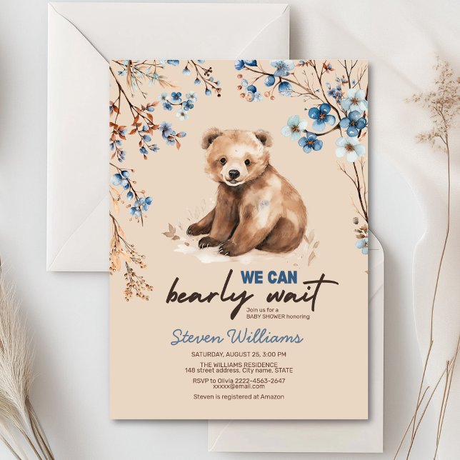 Inbjudan till babydusch för den röda björnskorgen (Cute bear with rustic blue flowers baby shower invitation)