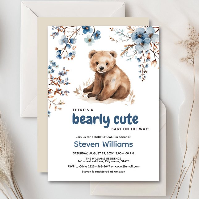Inbjudan till babydusch för den röda björnskorgen (Cute bear with rustic blue flowers baby shower invitation)
