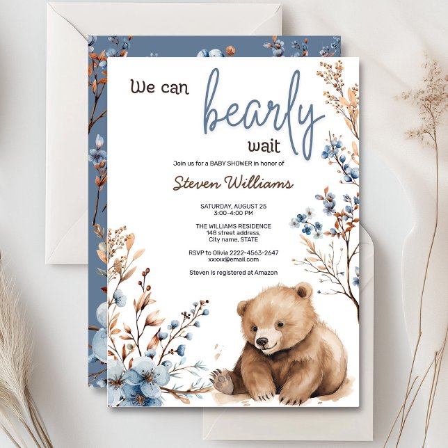 Inbjudan till babydusch för den röda björnskorgen (Cute bear with rustic blue flowers baby shower invitation)