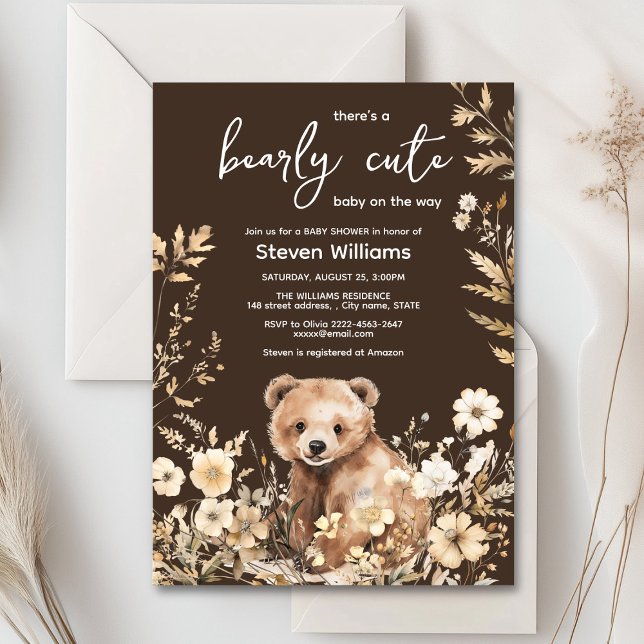 Inbjudan till babydusch för den röda björnskorgen (Cute watercolor forest bear with rustic beige flowers baby shower invitation)