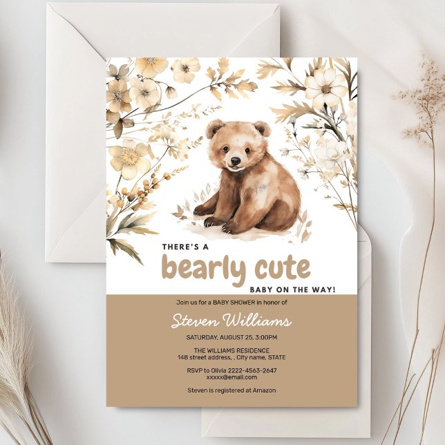 Inbjudan till babydusch för den röda björnskorgen (Cute bear with rustic beige flowers baby shower invitation)
