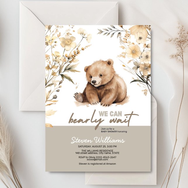 Inbjudan till babydusch för den röda björnskorgen (Cute bear with rustic beige flowers baby shower invitation)
