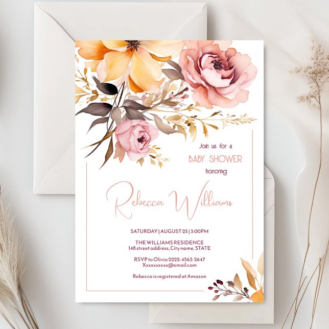Inbjudan till babydusch för den rosa bläckfärgen (Dusty pink peonies watercolor baby shower invitation)