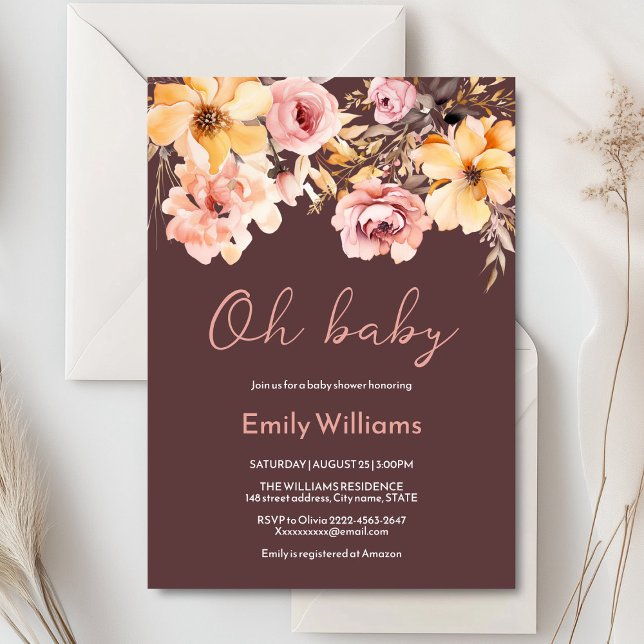 Inbjudan till babydusch för den rosa bläckfärgen (Blush pink and peach peonies watercolor girl baby shower invitation )