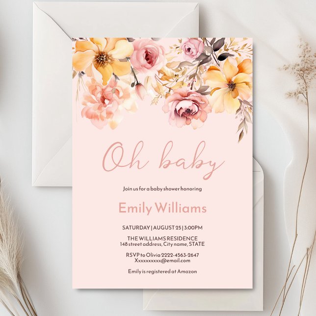 Inbjudan till babydusch för den rosa bläckfärgen (Blush pink and peach peonies watercolor girl baby shower invitation )