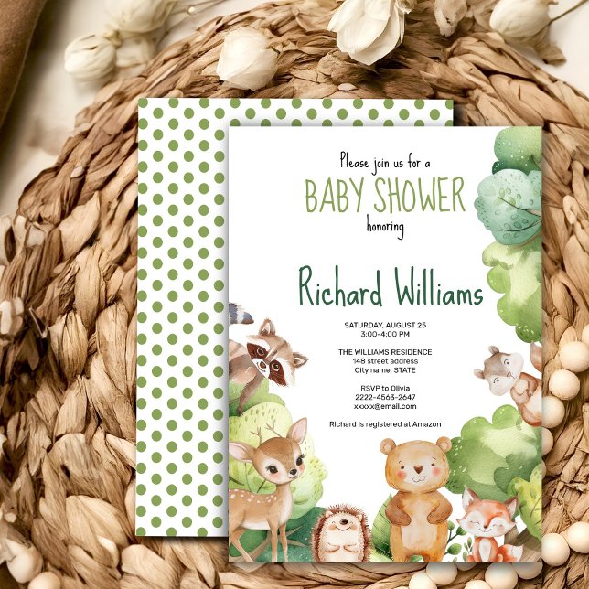 Inbjudan till babydusch för gröntens skogsdjur (Cute watercolor forest animals baby shower invitation gender neutral, woodland green, bear, deer)