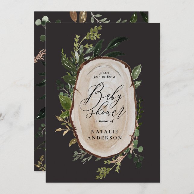 Inbjudan till babydusch för Rustic-träsegment (Fram/baksida)