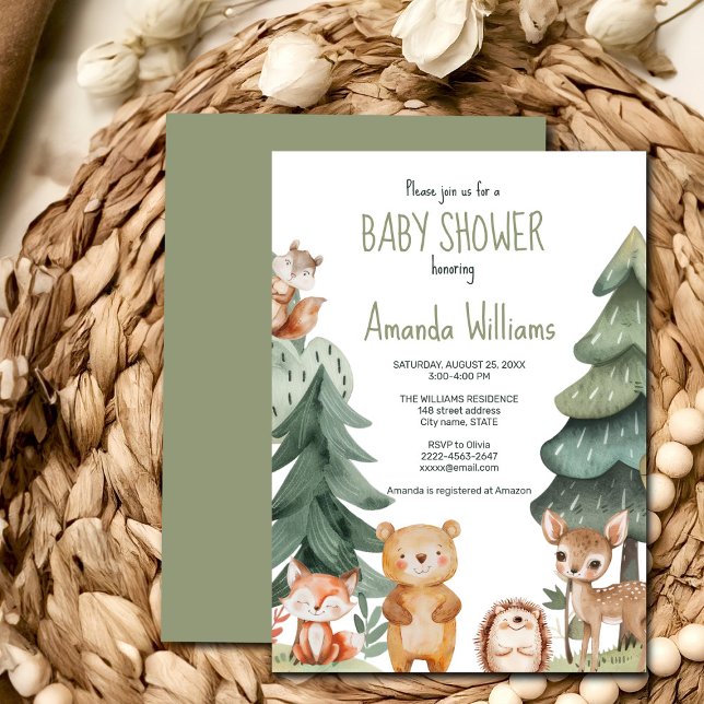 Inbjudan till babydusch för skogshuggdjur (Woodland watercolor animals baby shower invitation, sage green forest, gender neutral, boy, girl)