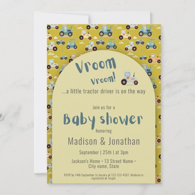Inbjudan till babydusch för traktorförare (Framsida)
