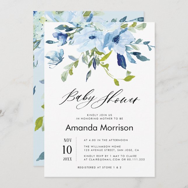 inbjudan till babydusch för vattenfärgsblå blommig (Fram/baksida)