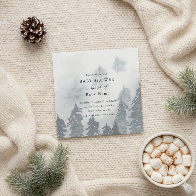 Inbjudan till babydusch för vinter (Winter baby shower snowy trees invitation.)