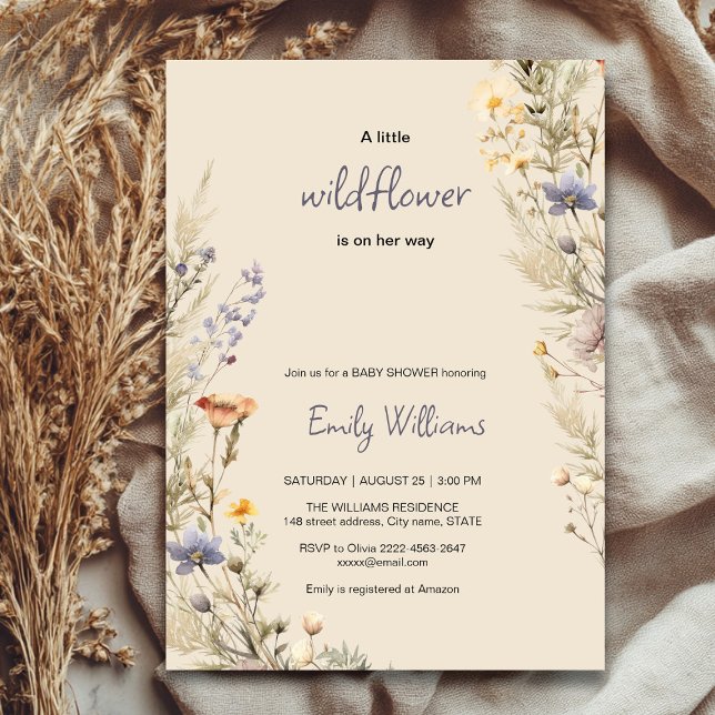 Inbjudan till babydusch för Wildblomskugga (A little wildflower elegant rustic boho watercolor baby shower invitation, baby in bloom)