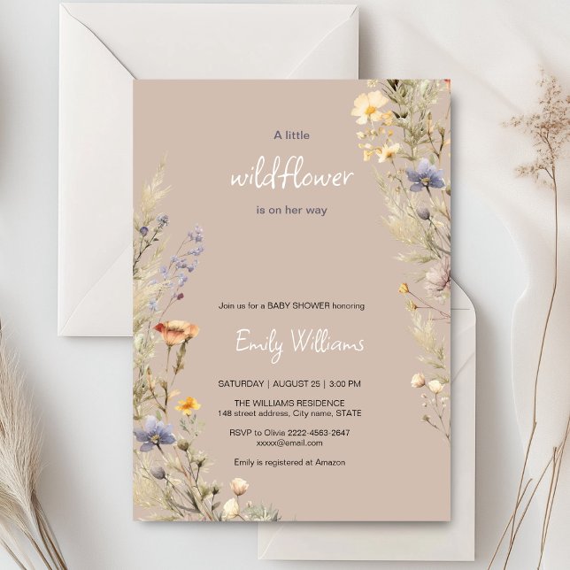 Inbjudan till babydusch för Wildblomskugga (A little wildflower elegant rustic boho watercolor baby shower invitation, baby in bloom)