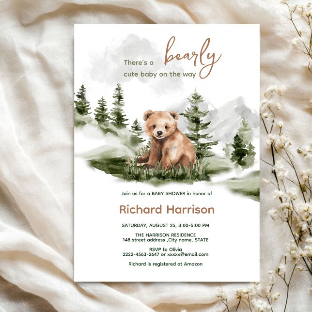 Inbjudan till babydusch i den tidiga söta skogbjör (Bearly wait cute watercolor forest baby shower invitation )
