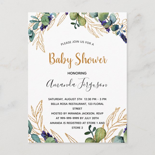 Inbjudan till babydusch i Eucalyptus greenery eleg (Framsida)