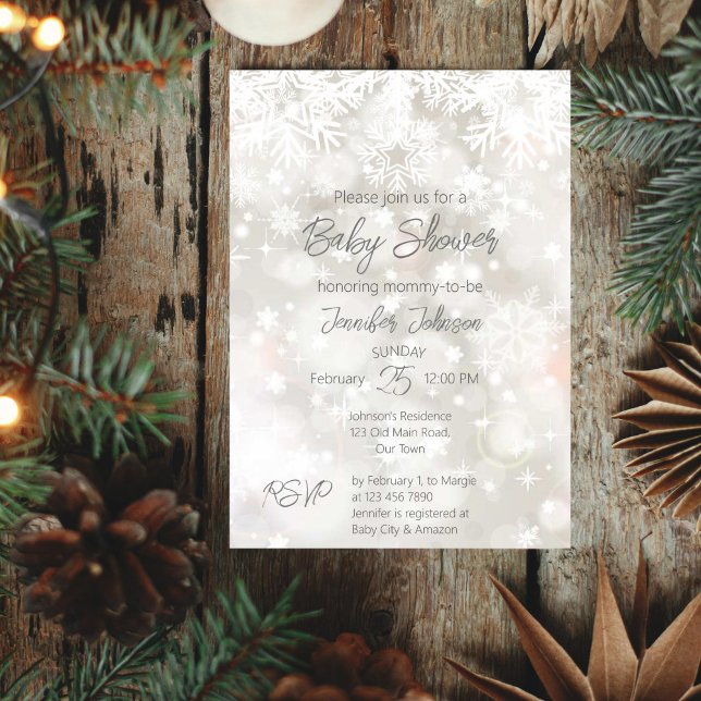 Inbjudan till babydusch i färg på vintersnökök (Winter baby shower editable template invitation pastel snowflake bokeh modern casual font)