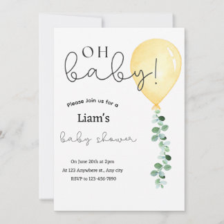 Inbjudan till babydusch med Eucalyptus gult-ballon
