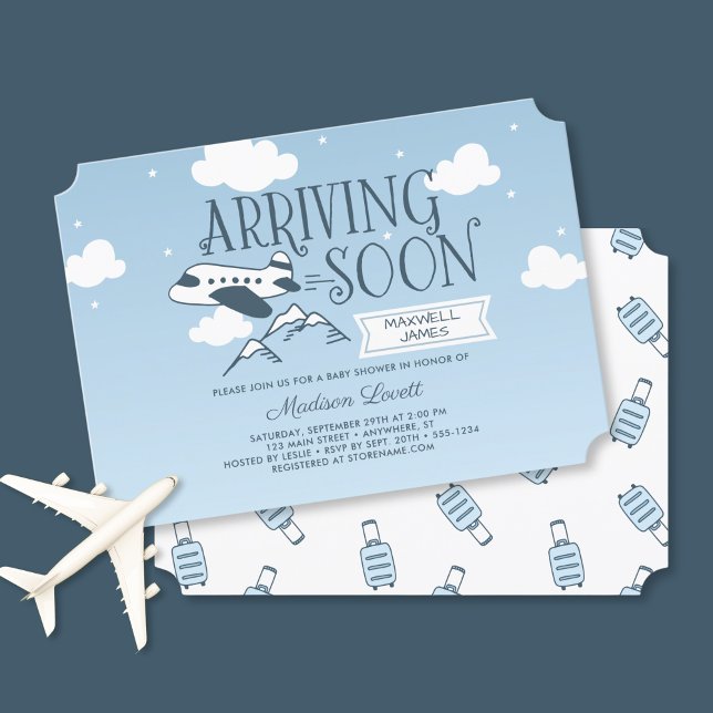 Inbjudan till babyduschar snart på flygplan (Shown on a 5" x 7" card.  Ticket style.)