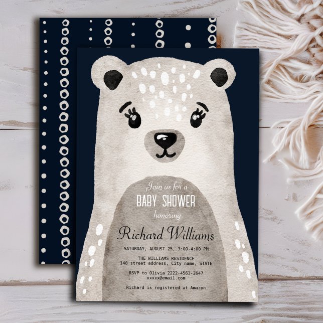 Inbjudan till babyduschbojkotten Cute Vattencolor (Cute bear baby shower minimalistic navy blue invitation )