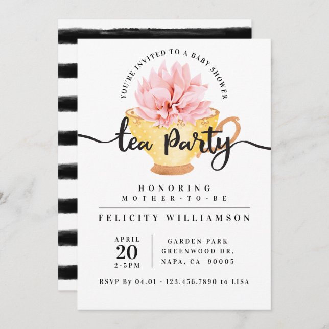 Inbjudan till babyduschen gult Tekopp Tea Party (Fram/baksida)