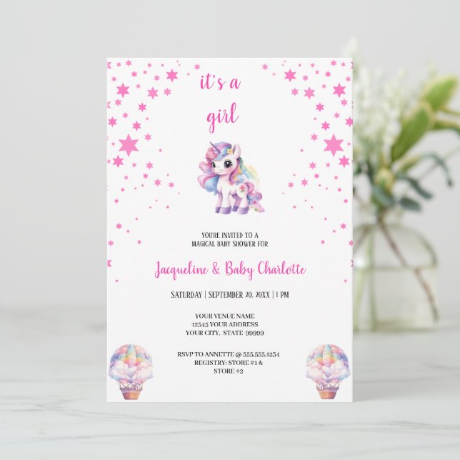 inbjudan till babyduschfest för vattenfärg-unicorn (Stående Fram)