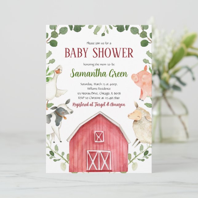 Inbjudan till babyfest med lantdjurs-tema (Stående Fram)