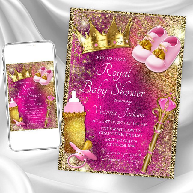 Inbjudan till babykläder för barn i finare Rosa Gu (Pink and gold princess baby shower invitation with cute princess things on pink and gold background)