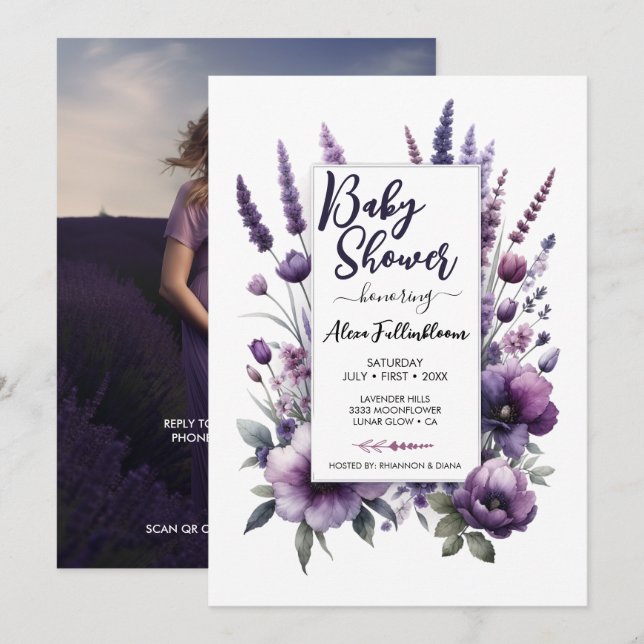 Inbjudan till babykläder för Lavender Lila Blommig (Fram/baksida)