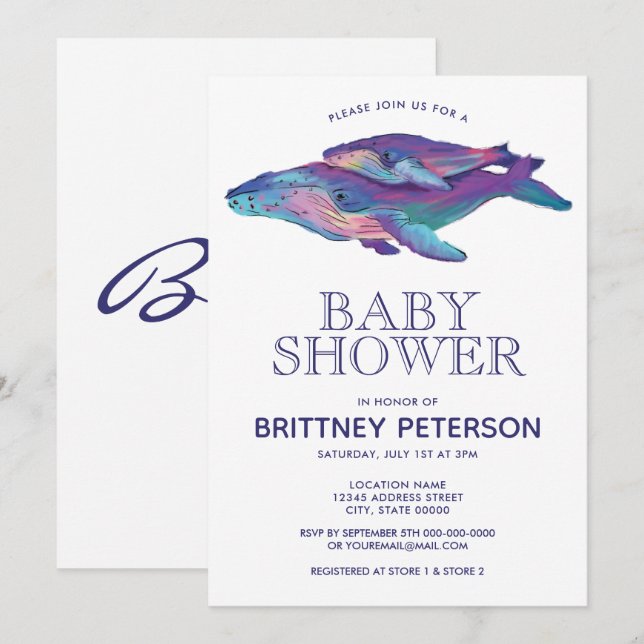 Inbjudan till babykläder för Watercolor Whale Boy (Fram/baksida)