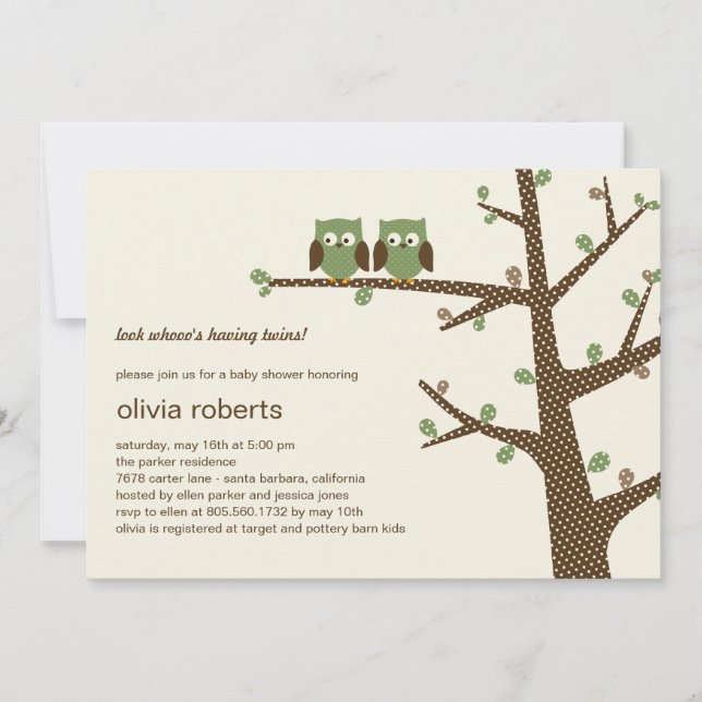 Inbjudan till babykläder i Ugglor Twillingar (Framsida)