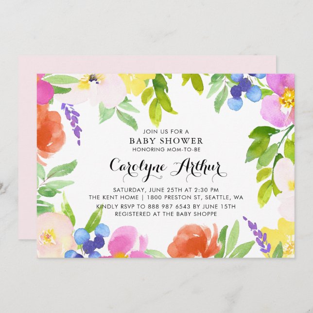 Inbjudan till babykläder i Vår med vattenfärg-blom (Fram/baksida)