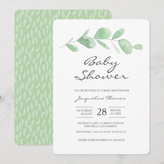 Inbjudan till babyskor| Eucalyptus löv (Fram/baksida)