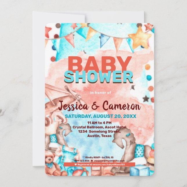 Inbjudan till babyskor för flygplan och Nallar (Framsida)